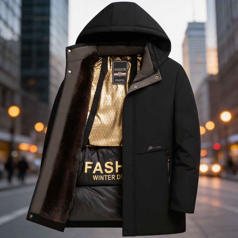 Winter coat for men, fleece-lined and thickened, business fashion casual cotton jacket, mid-length cotton coat, black and gold coat
