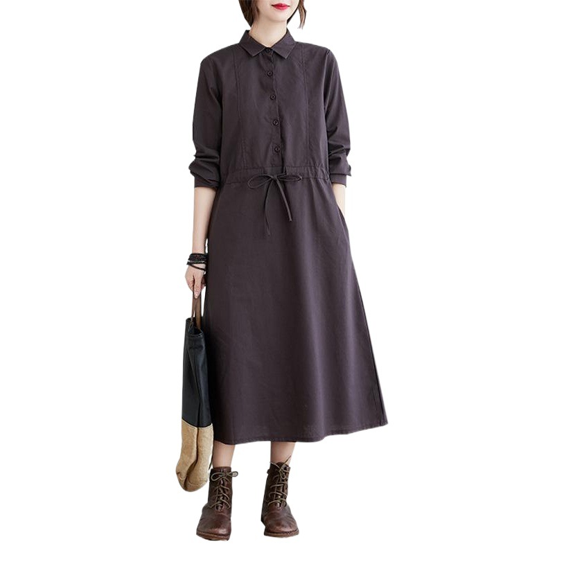 Real Shot of 2026 Spring and Autumn Style, Artistic Retro Loose-Fitting Plus-Size Women's Cotton and Linen Dress, Single-Breasted Long-Sleeve Shirt Dress
