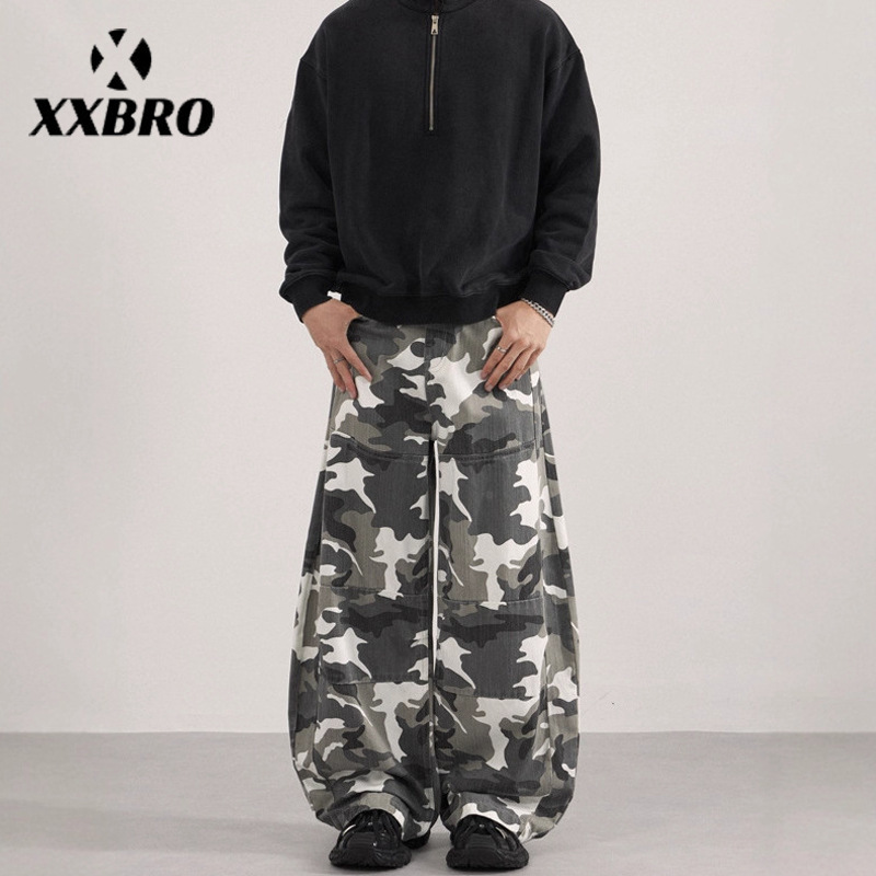 Muxi Clothing # American Retro Tactical Camouflage Jeans for Men with a Unique Design, Hip-Hop Trendy Brand Wide-Leg Pants.