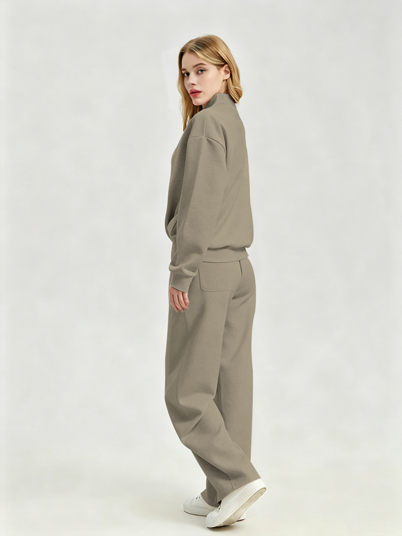 Women's Clothing Women's Fashionable Long Sleeved Sweatshirt Casual Trousers Set Style Autumn Half Open Collar Solid Color Loose Fit_ecoleips.com
