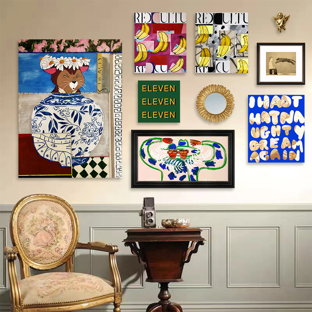 现代简约中古风装饰画小众抽象挂画客厅海报油画混搭组合无框画