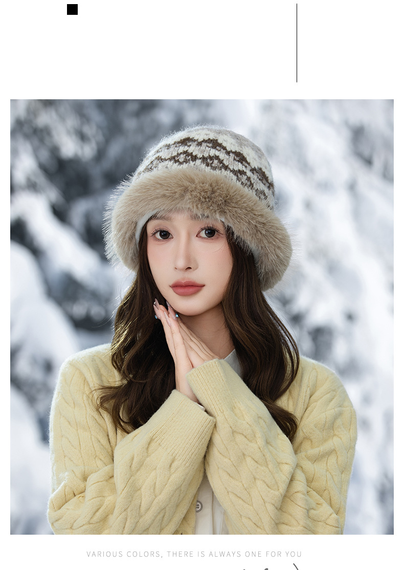 Cappello da pescatore invernale retrò in stile etnico jacquard lavorato a maglia, in pelliccia di coniglio, caldo, spesso e antifreddo_voghion.com