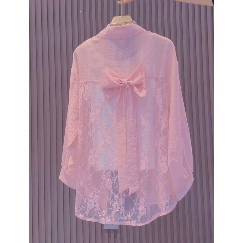 French-Style Lace Hollow-Out Sun Protection Shirt with Bow Back for Women, Summer New Design Trendy Blouse