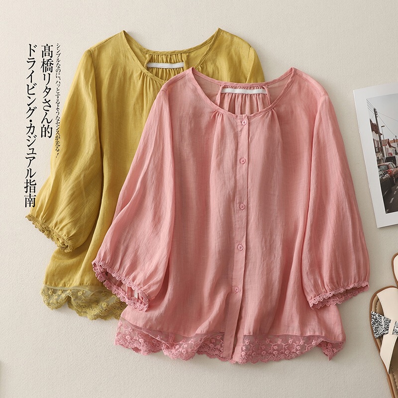 Retro Style Spliced ​​Lace Cotton and Linen Shirt for Women Summer Loose Thin Zen Three-Quarter Sleeve Top