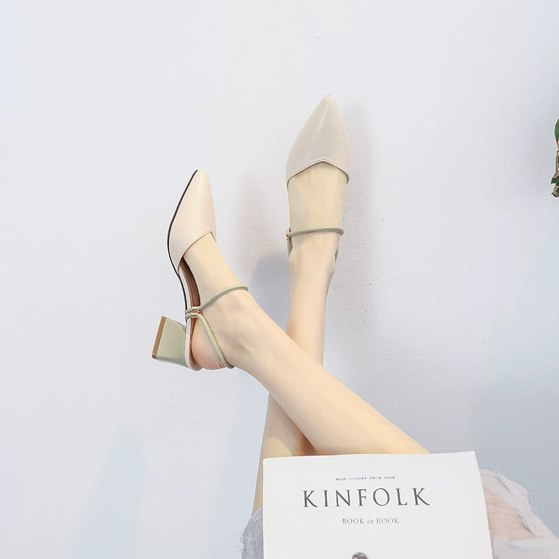 6871-1 Остроконечные туфли на массивном каблуке, летние французские туфли на высоком каблуке, весенние Универсальные женские одиночные туфли с закрытым носком, полутапочки