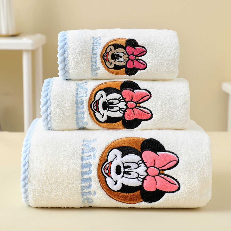 Children's Towel and Bath Towel Three-Piece Set Coral Velvet Water-Absorbent Quick-Drying Face Towel Household Cartoon Embroidered Towel Set Wholesale