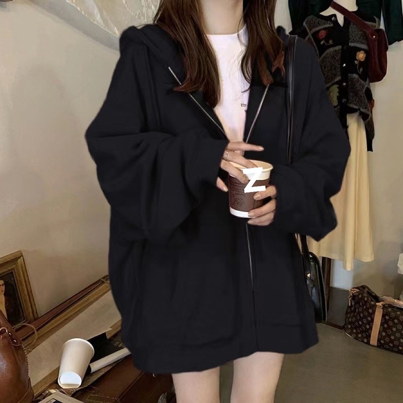 百搭春秋新款慵懒风连帽卫衣女冬加绒宽松情侣拉链开衫外套ins风|undefined