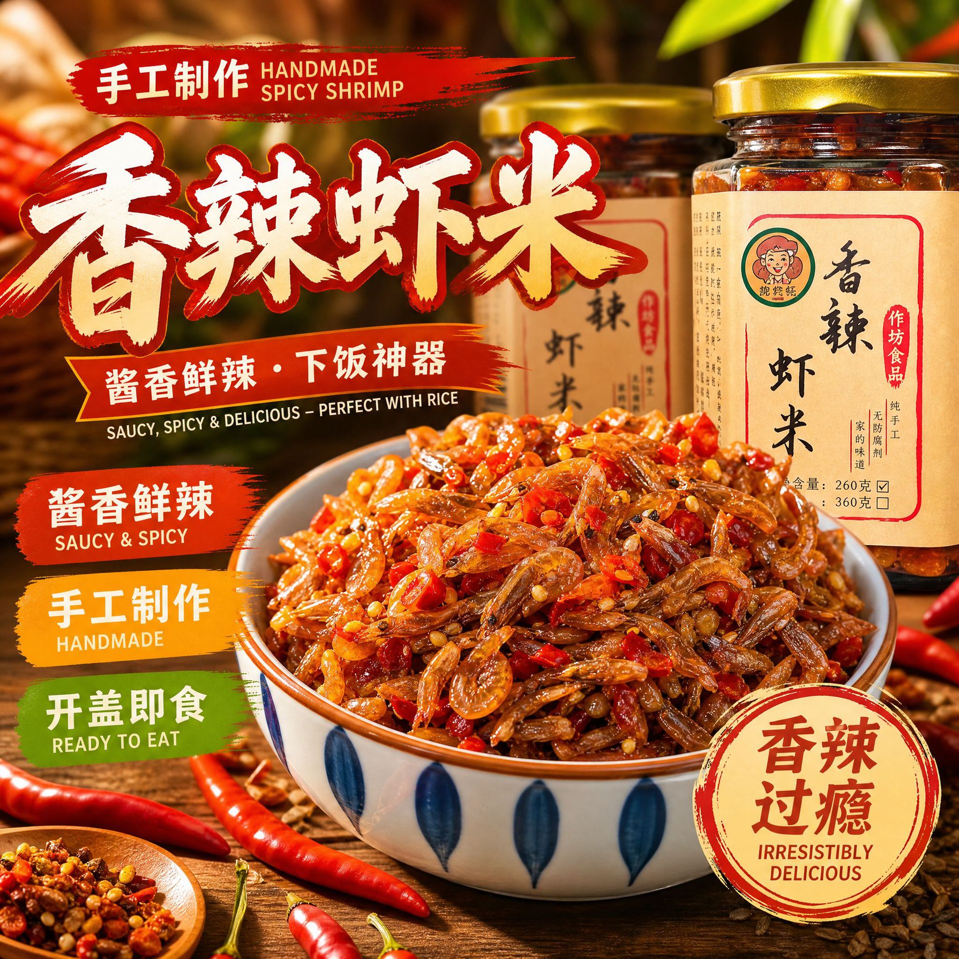 手工香辣虾米 酱鲜香小海虾 下饭咸菜拌面夹馍调味瓶装即食小吃