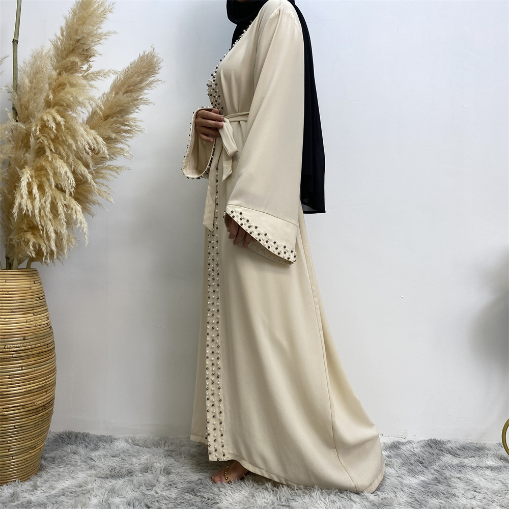 Arab Turkish Middle Eastern Fashion Elegant Solid Color Beaded Muslim Tie-Up Cardigan Robe 1838_ecoleips.com