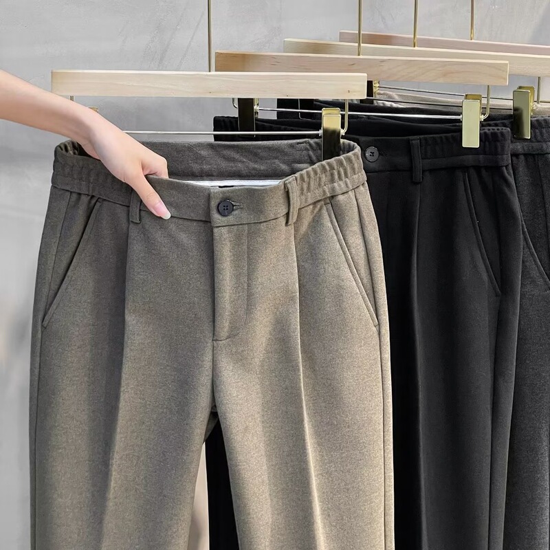 Autumn and Winter Large Size Woolen Pants for Men, Thickened Straight-Leg Elastic Waistband, Slim Fit Casual Suit Pants with a Drapey Feel Autumn and Winter Large Size Woolen Pants for Men, Thickened Straight-Leg Elastic Waistband, Slim Fit Casual Suit Pants with a Drapey Feel