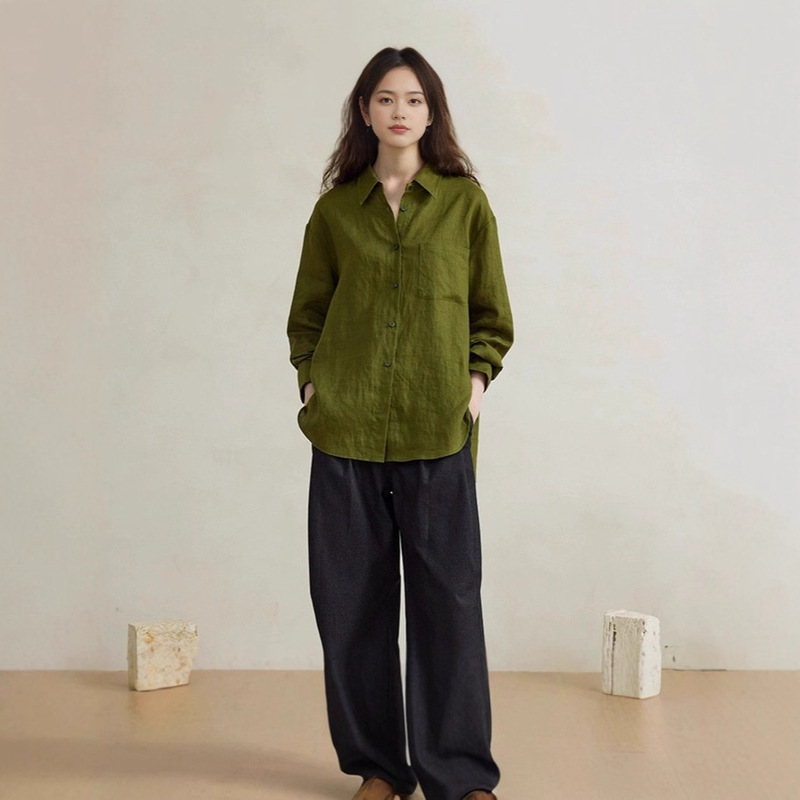 Linen Green Loose Shirt for Women 2025 Early Autumn Style Inner Wear Long-Sleeved Shirt for Women Casual and Comfortable Tops for Women