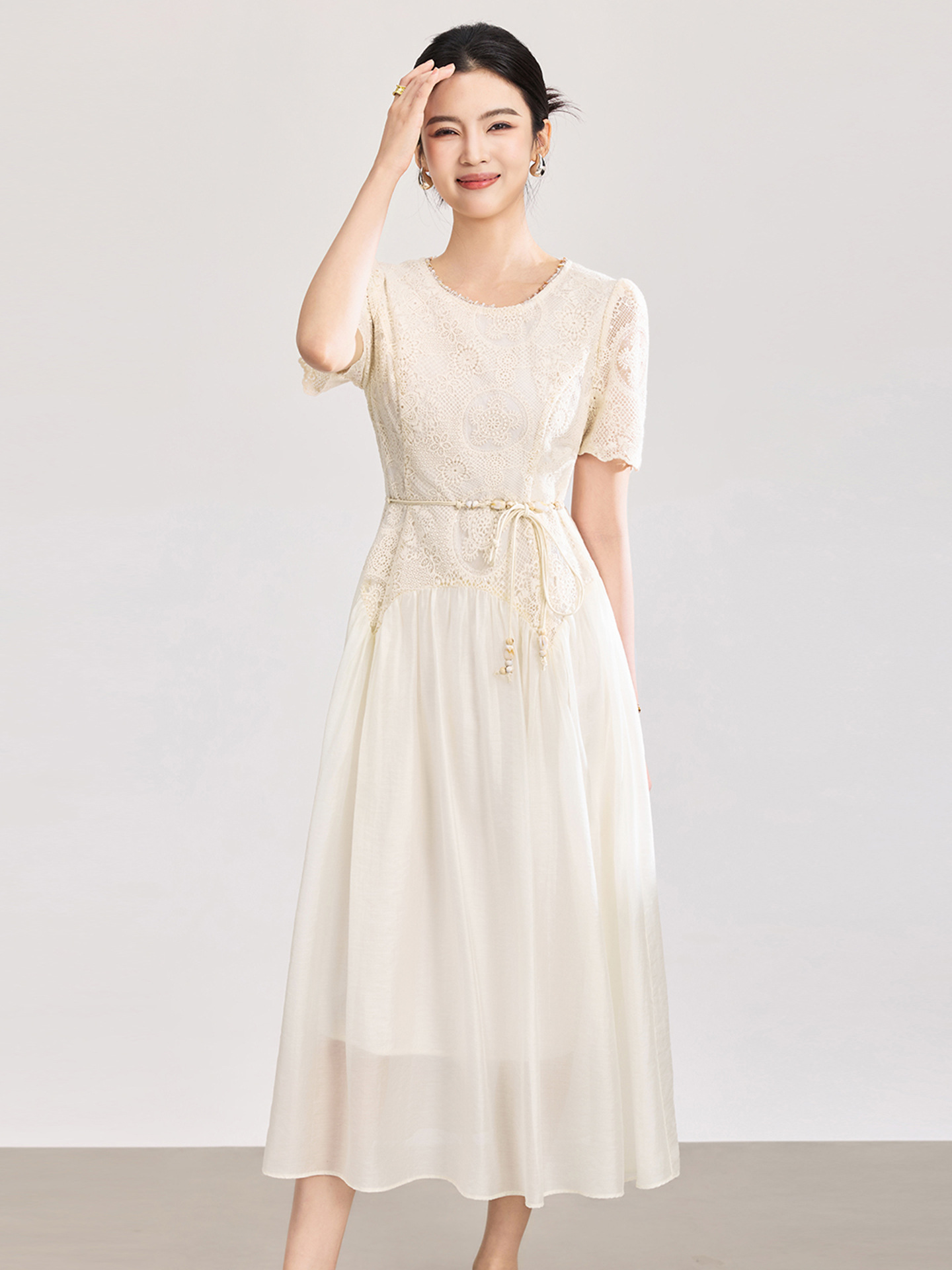 Đầm nữ tay ngắn thêu sequin cotton, thắt lưng eo phong cách Pháp — màu mơ