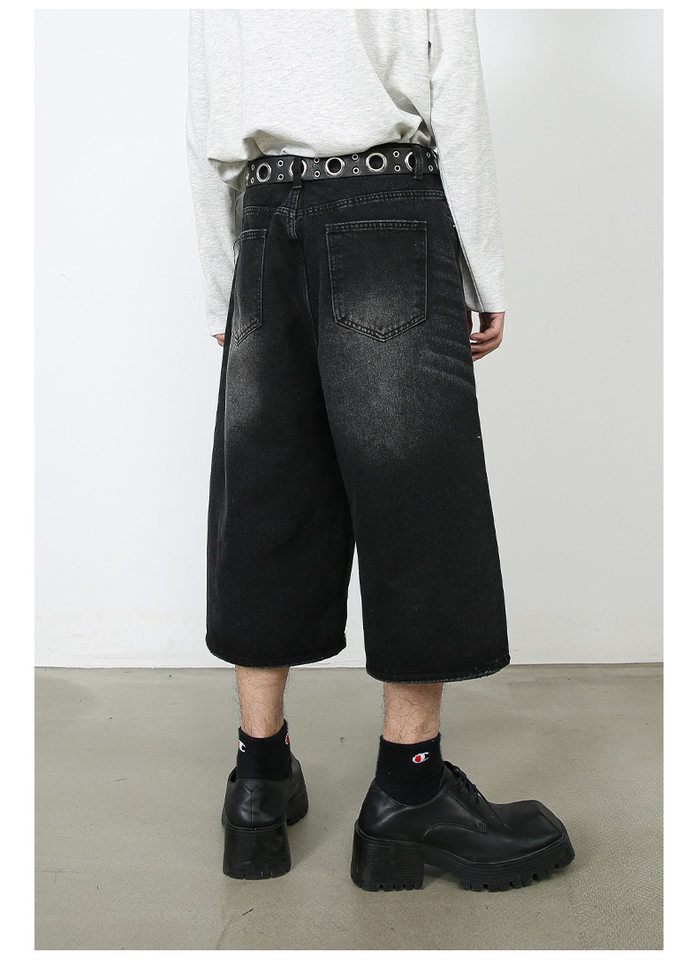 Quần short denim nam dáng rộng ống suông — Da bò thô màu đen, Xanh denim thô, Xanh đậm, Đen xám chi tiết 26