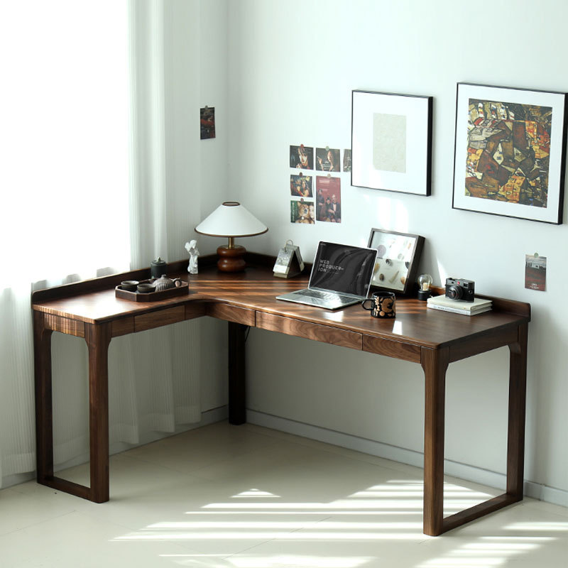 North American Black Walnut Corner Desk Pure Solid Wood Custom Oak Computer Desk L-Shaped with Drawer Corner Bay Window