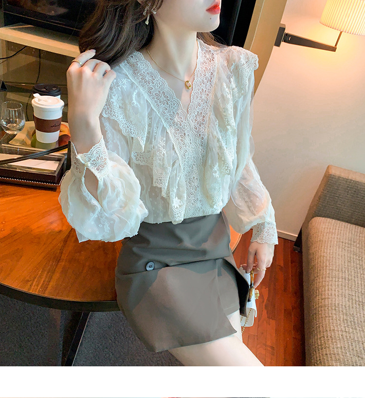 2023春季新款V领荷叶边衬衫女长袖蕾丝衫上衣温柔韩版仙女上衣详情18