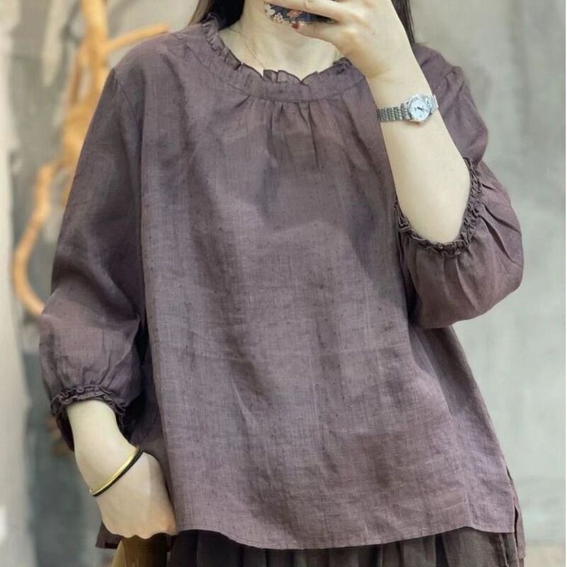 2026 Japanese Mori Girl Style Cotton Linen Ruffle Shirt for Women, Summer Loose Fit, Slimming Vintage Lantern Sleeve T-Shirt Top