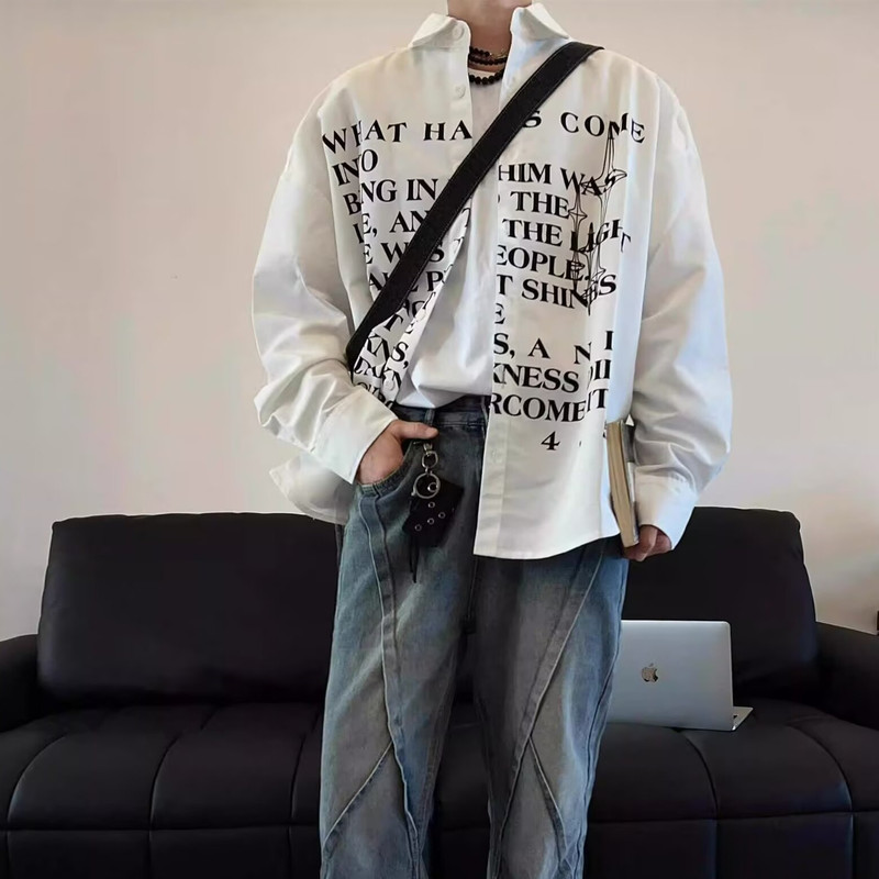 Korean Couple's Design Sense Niche Letter Printed White Shirt Unisex Shirt Couple's Jacket
