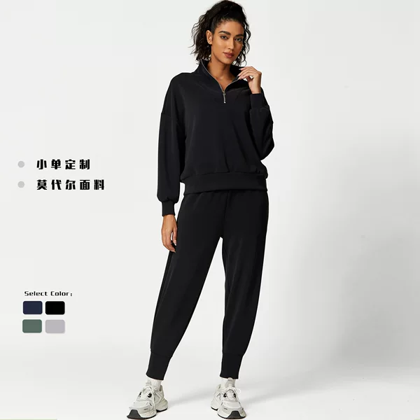 European and American Fashion Zip-Up Half-Open Collar Long-Sleeve Sports Sweatshirt and Sweatpants Pullover Casual Two-Piece Set