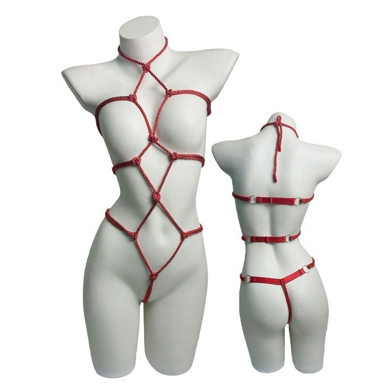 Women’s Sheer Mesh Bodysuit Lingerie Set with Rope Detail, One Size — detail image 5