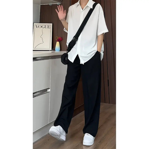 Black Ice Silk Quick-Dry Men's Summer Thin Pinstripe High-End Drape Shirt and Pants Set - Stylish Two-Piece Suit