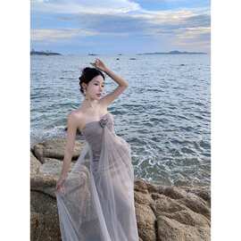 锁骨一字肩网纱抹胸连衣裙修身显瘦性感辣妹露肩字女夏长裙