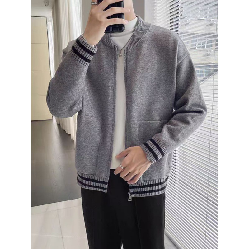 Maglione casual ampio alla moda autunnale e invernale, semplice cardigan lavorato a maglia con cerniera e cuciture a righe_voghion.com