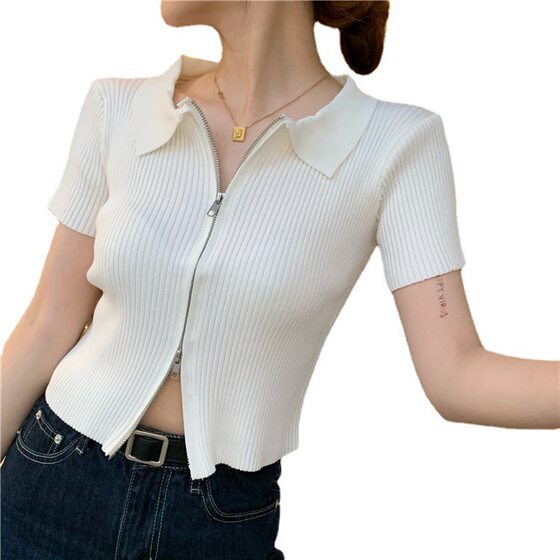 Double-head zipper thin short-sleeved tight sweater women's summer Korean-style slimming short cardigan blue bm top trendy