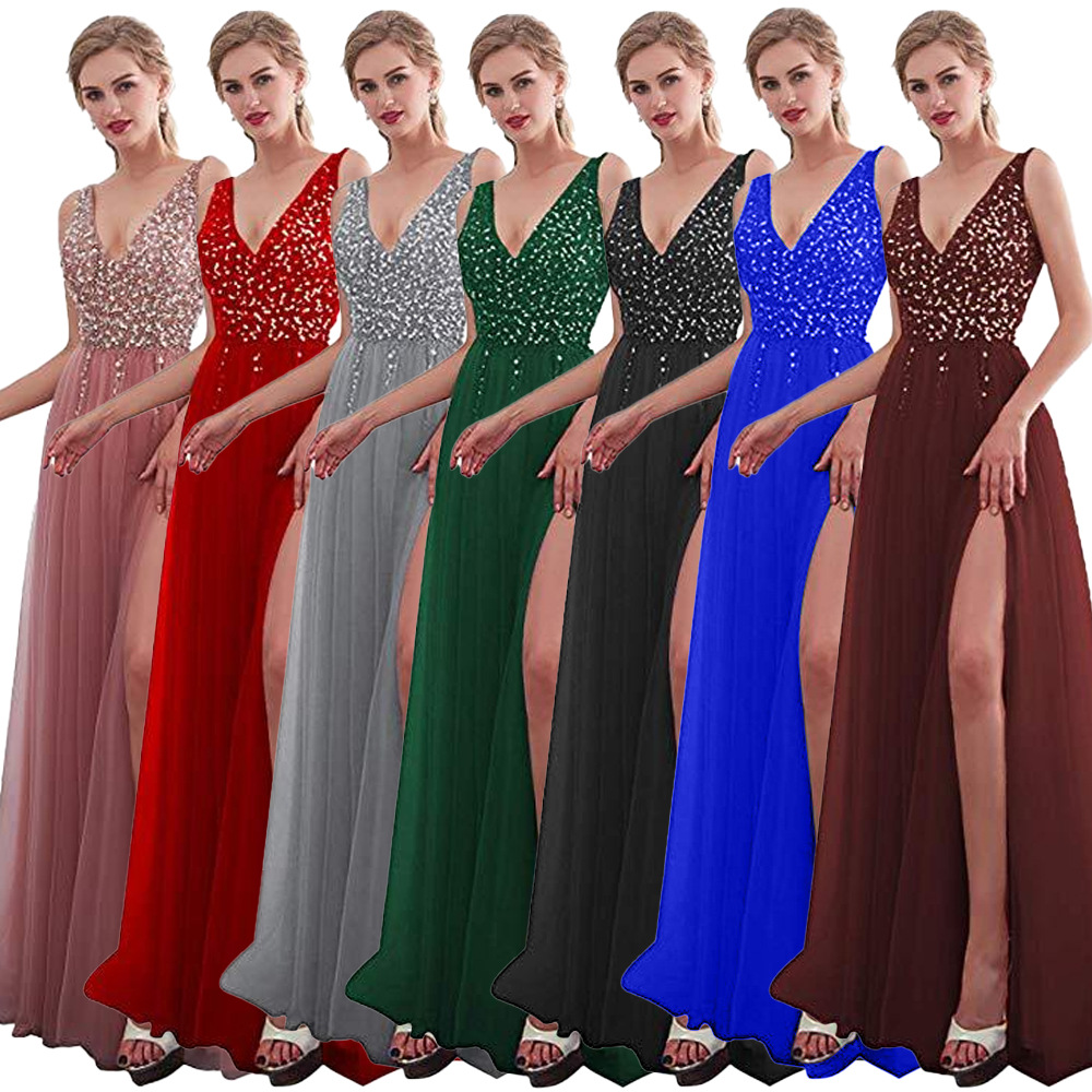 Vestido largo de noche con lentejuelas, abertura, escote en V pronunciado y espalda descubierta, estilo celebridad, de la nueva colección europea y americana de Amazon para mujer, 2025.
