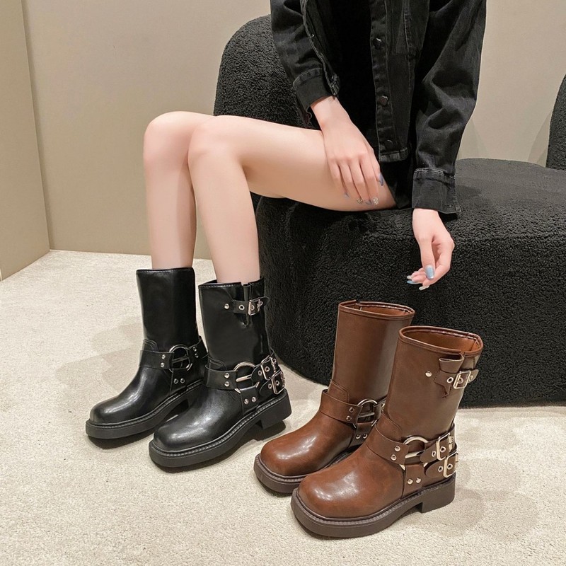大码厚底粗跟短筒马丁靴女2025新款英伦风皮带扣复古西部牛仔短靴|undefined