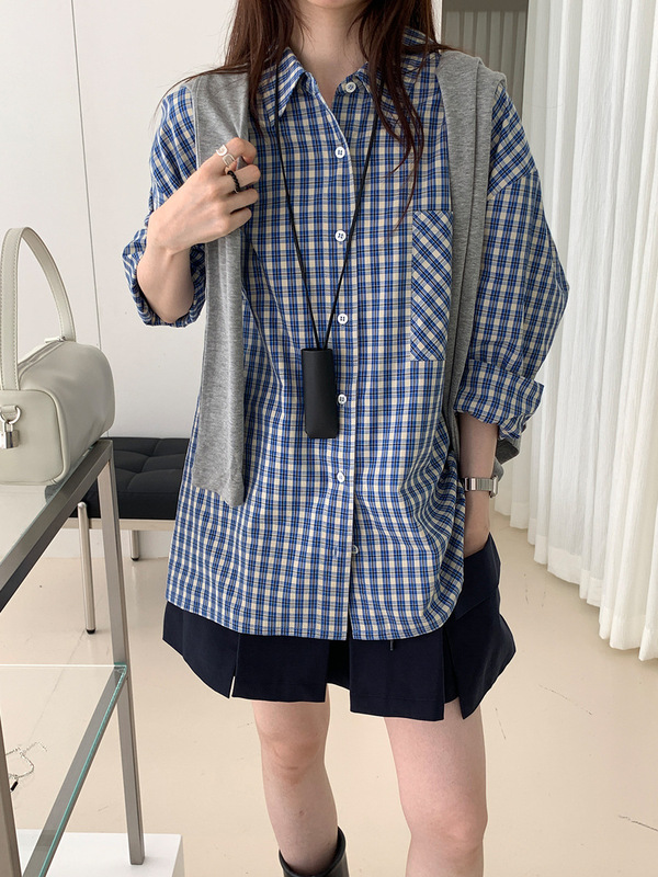 复古慵懒蓝色格子衬衫女秋季2025新款韩版宽松显瘦百搭衬衣上衣|undefined