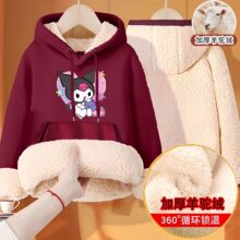 女童加绒加厚卫衣冬季羊驼绒儿童连帽上衣中大童装女孩一体绒冬装