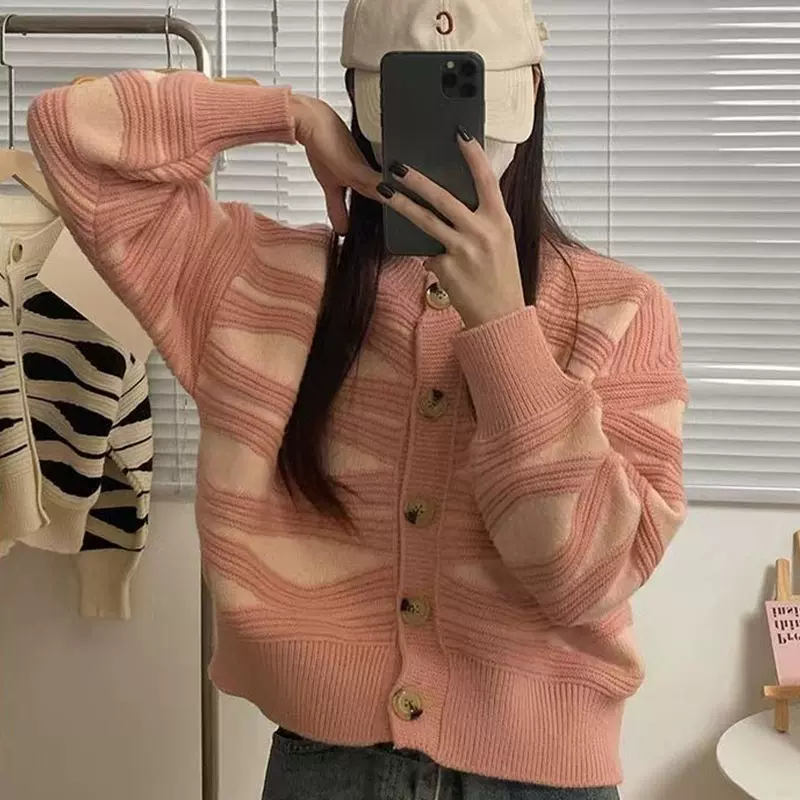 甜美复古条纹针织衫开衫春秋季新款圆领上衣女小个子短款毛衣外套