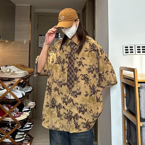 Men's Summer Band Collar Floral Short-Sleeve Shirt, Loose Fit, 300 Pounds Plus Size, Hip-Hop Stylish, Hawaii Beach Top