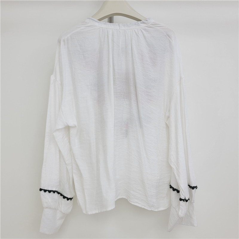 Camisa con Bordado para Mujer Poliéster Cuello V con Lazos