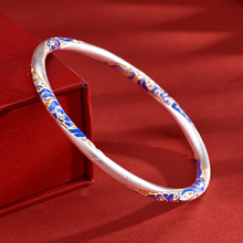 足银9999纯银古法素圈银手镯女莲花珐琅银镯子生日礼物批发银饰