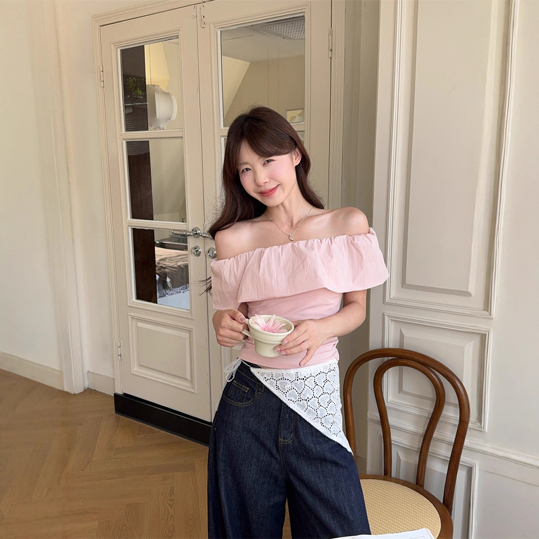 Moses Queen Moses 프렌치 원 숄더 반팔 티셔츠 여성 여름 분위기 러플 크롭 탑
