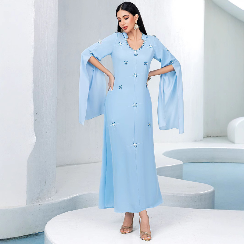 BA5133 new light blue ultra-long sleeve hand-stitched glass rhinestone dress Middle East cross-border women's in stock
