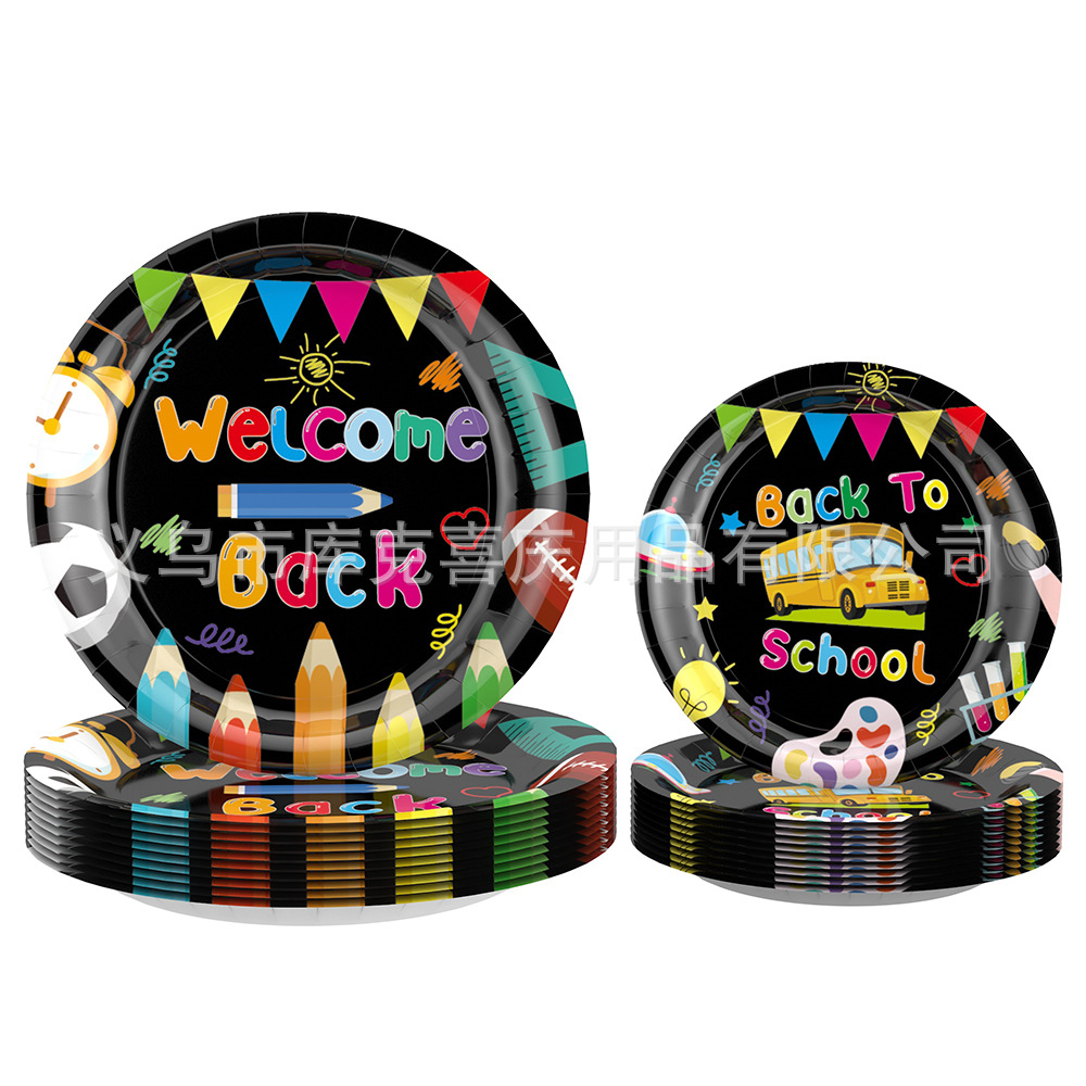 Nuevo tema de regreso a la escuela para niños bandeja de papel desechable toallas de papel set de cubiertos