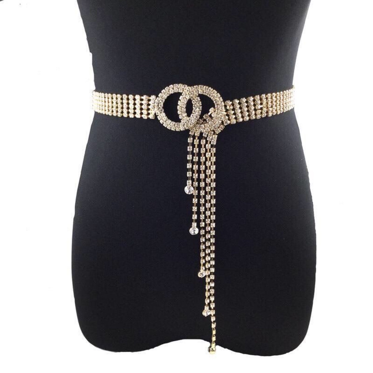 AliExpress Amazon europeo y americano transfronterizo caliente doble anillo rhinestone completo diamante cinturón Mujer Todo-Partido con incrustaciones borla cadena de la cintura