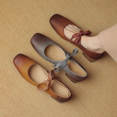 33-41文藝復古粗跟瑪麗珍鞋鞋2024春里外全皮系帶漸變色芭蕾舞鞋