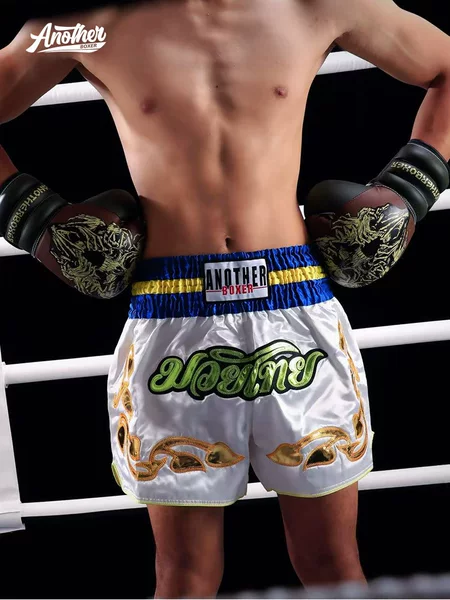 Anotherboxer White and Blue Boxing Pants, Thai Boxing Style Leather Embroidered Thai Boxing Shorts for Adults and Children