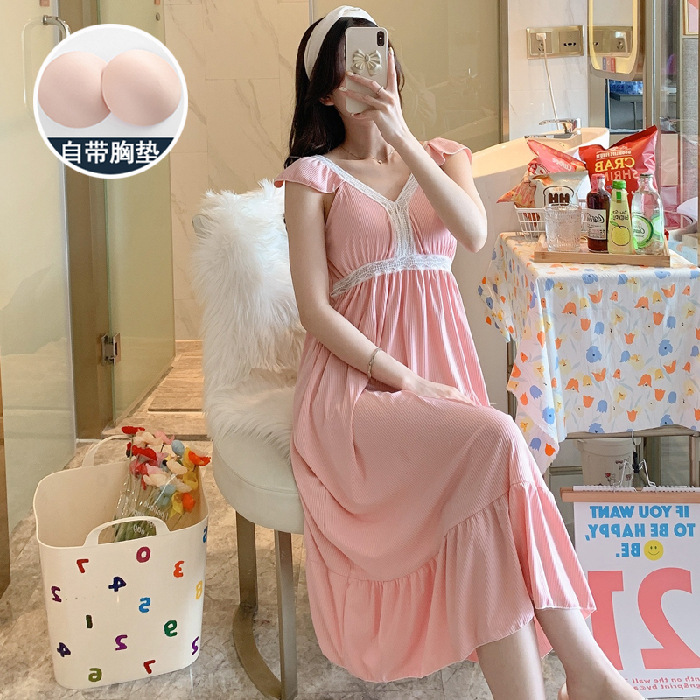 Pijamas camisón de verano con almohadilla en el pecho Vestido de mujer de longitud media sexy lindo Celebridad de Internet transmisión en vivo Ropa para el hogar de las mujeres Estilo de princesa coreana