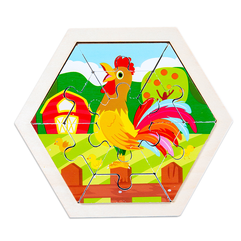 Rompecabezas de animales de dibujos animados tridimensional creativo para niños hexagonales rompecabezas de Educación Temprana de Madera Juguetes cognitivos de tráfico de frutas y verduras