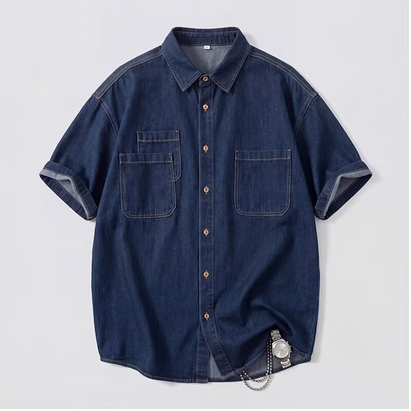 Japanese-style retro short-sleeved denim shirt, summer casual and stylish, loose fit, trendy with pockets, men's work shirt, outerwear, for cross-border sales Japanese-style retro short-sleeved denim shirt, summer casual and stylish, loose fit, trendy with pockets, men's work shirt, outerwear, for cross-border sales