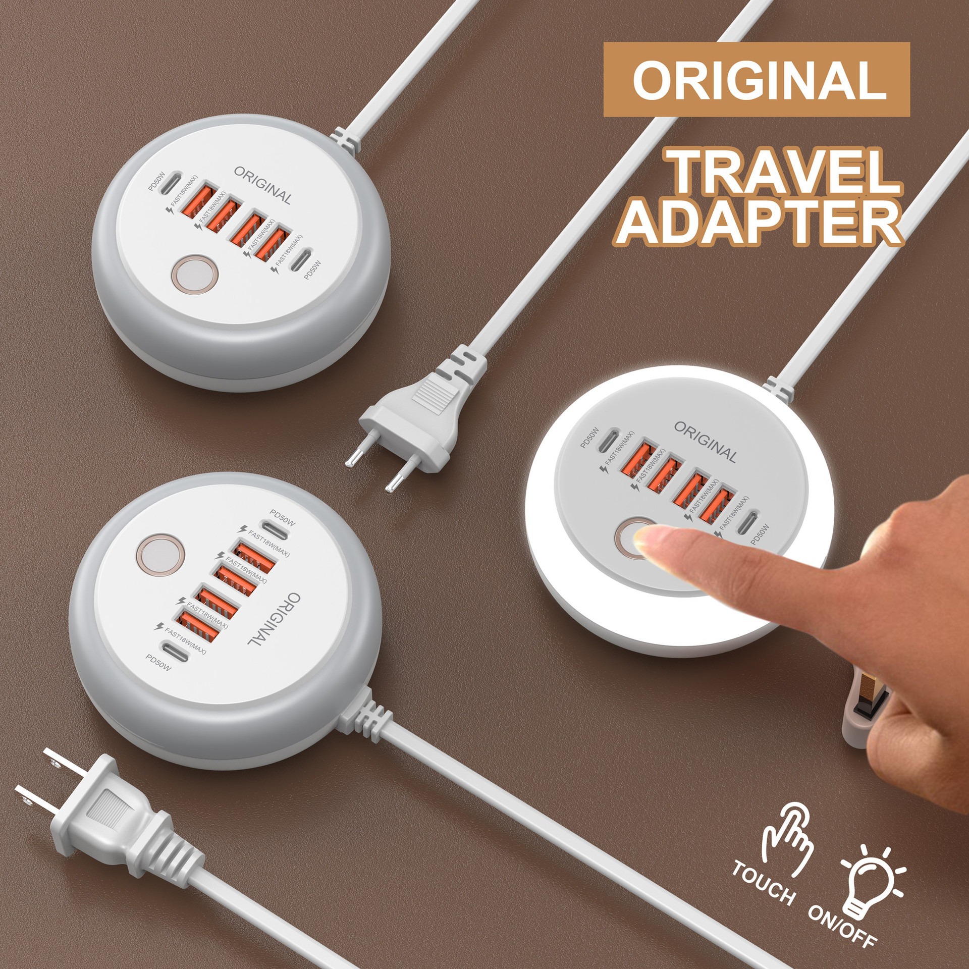Sınır Ötesi Yeni Model Yuvarlak PD50W Çoklu Hızlı Şarj Çoklu Fonksiyonlu Aydınlatmalı Priz 4USB+Çift Type-C Akıllı Şarj Başlığı