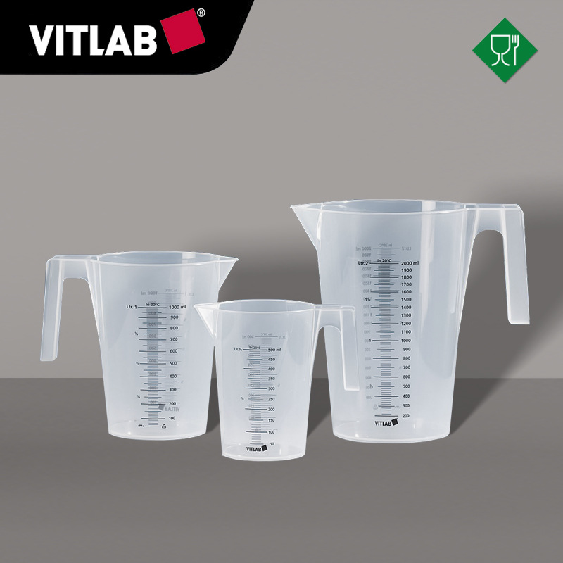德国VITLAB有柄刻度量杯PP材质巢式带把手烧杯