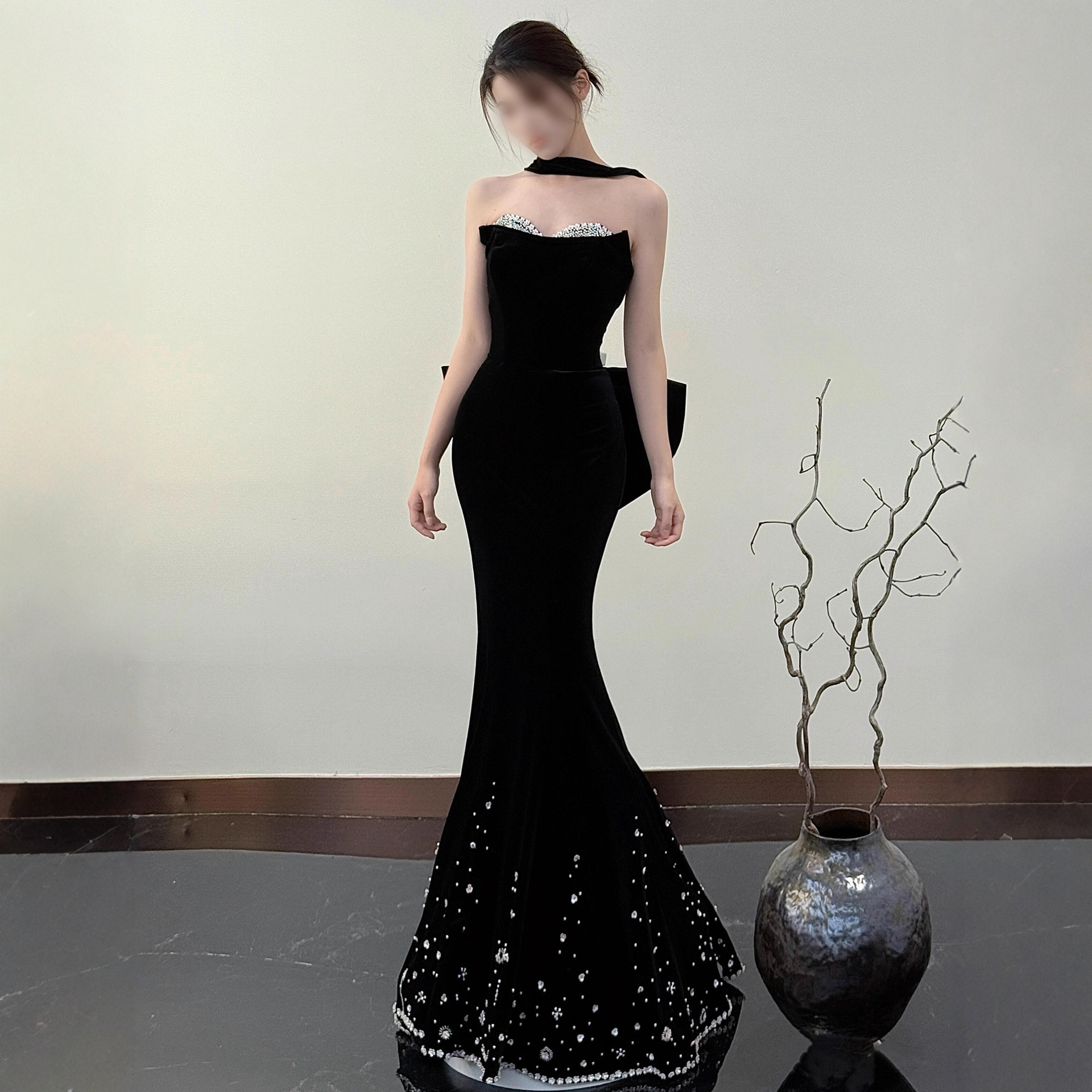 Banquet Black Evening Dress, High-End and Elegant, Celebrity Annual Meeting Host Dress, Fishtail Student Art Exam Long Dress