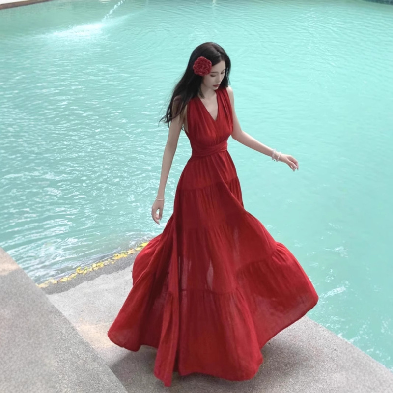 French Style Red V-neck Strap Neck dress Women's Beautiful Backless Sexy Split Slimming Long Dress for Seaside Vacation French Style Red V-neck Strap Neck dress Women's Beautiful Backless Sexy Split Slimming Long Dress for Seaside Vacation