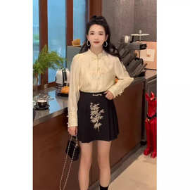 新中式国风女装今年流行漂亮刺绣黑色盘扣连衣裙套装新款春款1771