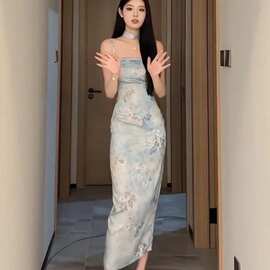 性感印花露肩吊带连衣裙女夏季大码修身收腰显瘦包臀长裙外贸批发